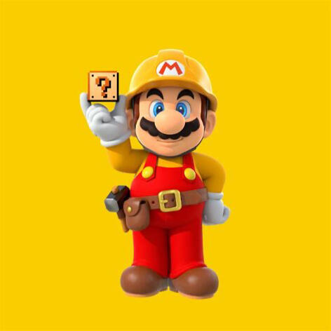 Publicity image for Super Mario Maker 2, Mario in red and yellow clothing against yellow background, holding small '?' block.