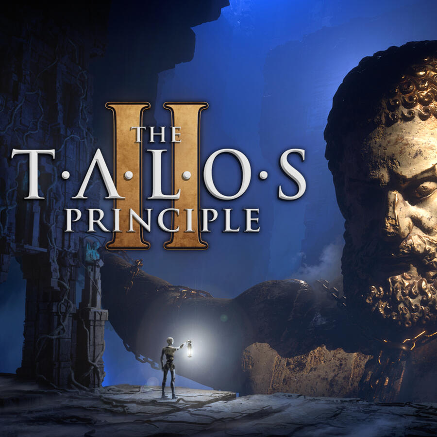Publicity image for The Talos Principle 2, small android holding up lantern to face of massive statue.
