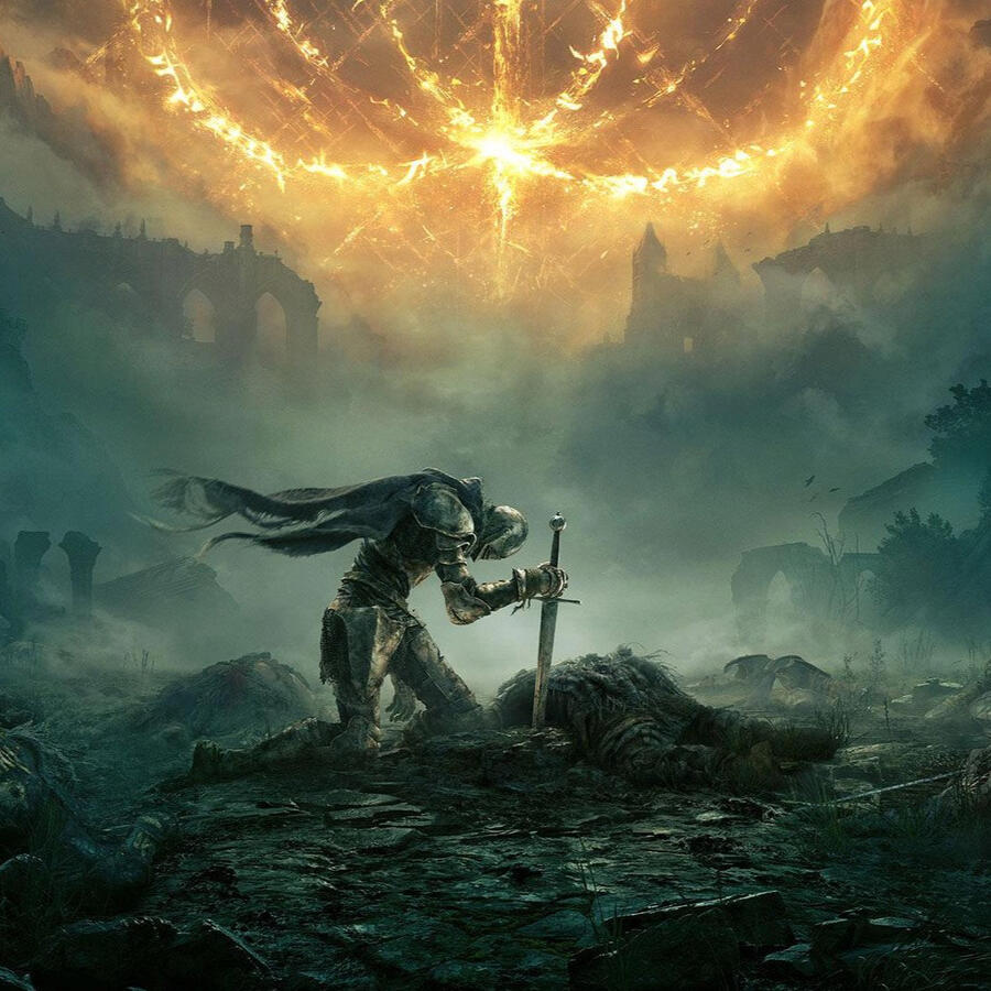 Publicity image of Elden Ring, showing warrior in desolate land.