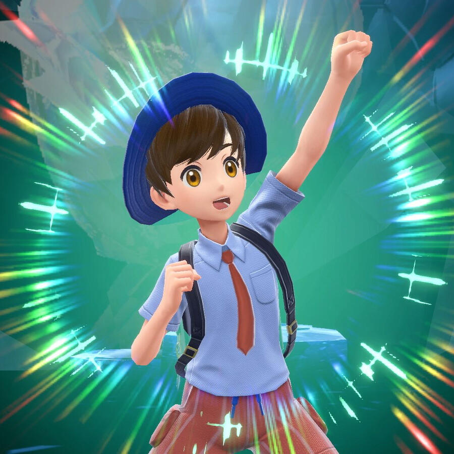 Pokemon trainer in blue hat and shirt, celebrating.
