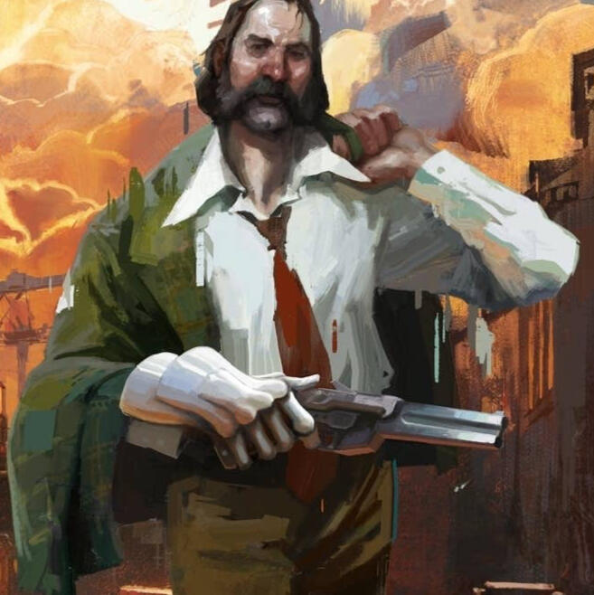 Publicity image for Disco Elysium: The Final Cut, central detective holding gun in front of brush-stroke background.
